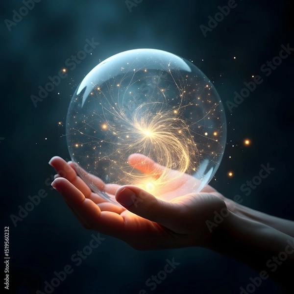 Fototapeta Hand holding a glowing light bulb with the Earth and stars in the background, representing global energy and technological innovation