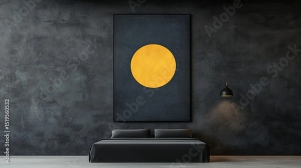 Fototapeta Modern minimalist bedroom interior with a large abstract painting featuring a single yellow circle on a dark background.  Concept of simple elegance, contemporary design, and calm atmosphere.