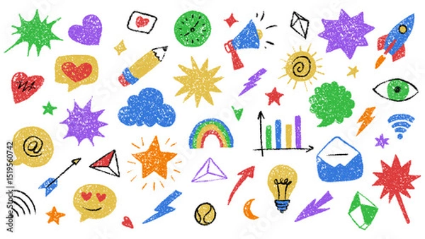 Fototapeta Colorful Crayon Doodle Icons Representing Various Concepts and Symbols