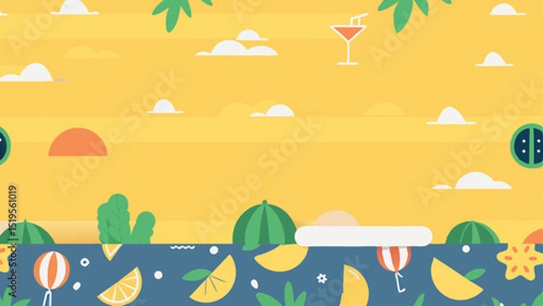 Fototapeta Vector Summer Beach Scene Illustration Sunny Sky Tropical Cocktail Watermelon Lemon Beachball Clouds Summer