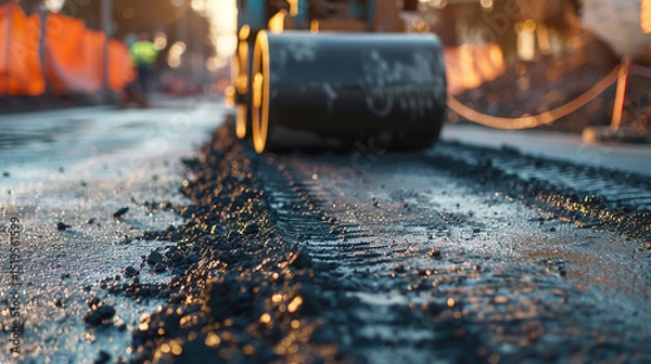 Fototapeta Asphalt Roller Compacting New Road - Construction & Infrastructure Stock Photo