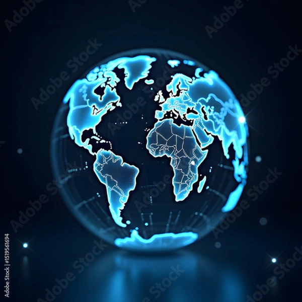 Obraz Blue earth globe on a black background, a 3D illustration of our planet with continents like Europe, Asia, and America, perfect for global business and geography themes