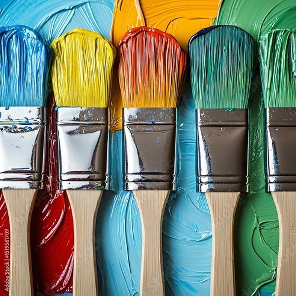 Fototapeta Vibrant artistic expression studio paintbrushes in colorful paint creative environment close-up view inspiration through art
