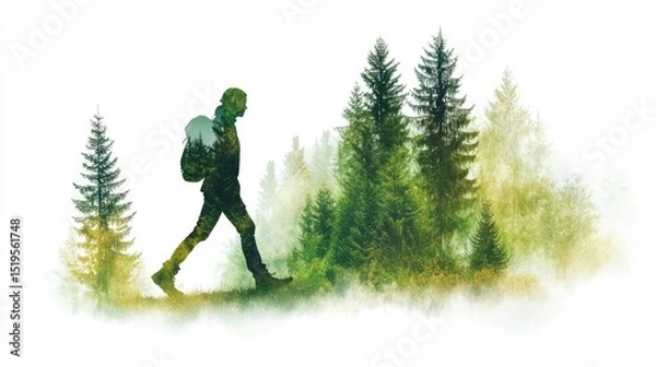 Fototapeta Man Hiking Through Lush Green Forest in Artistic Double Exposure Style