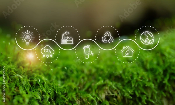 Obraz Sustainability Innovation Concept. A visual representation of sustainability innovation, featuring eco-friendly icons;  renewable energy, recycling, CO2 reduction and green industry.