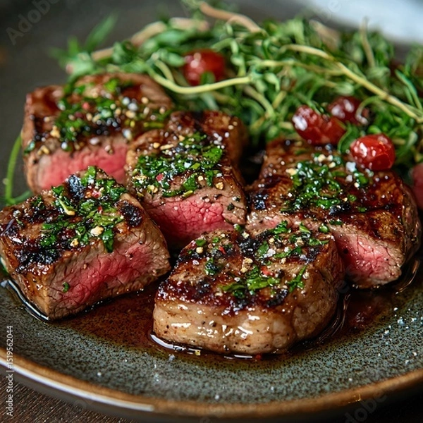 Fototapeta Grilled steak slices culinary delight gourmet kitchen luxurious dining close-up view flavorful presentation for food enthusiasts