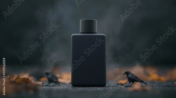 Fototapeta Mysterious black perfume bottle on dark background with crows.  Concept of luxury, mystery, and dark fragrance.