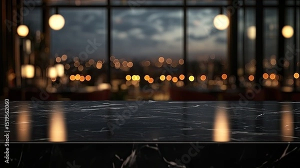 Fototapeta Elegant Black Marble Countertop with City View and Warm Lights