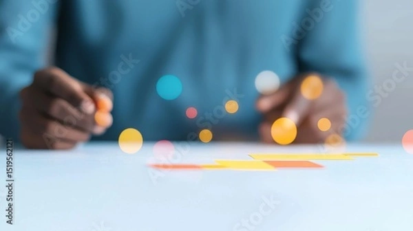 Fototapeta Blurred image of hands arranging colorful sticky notes on a table. Concept of planning, strategy, brainstorming, and project management.