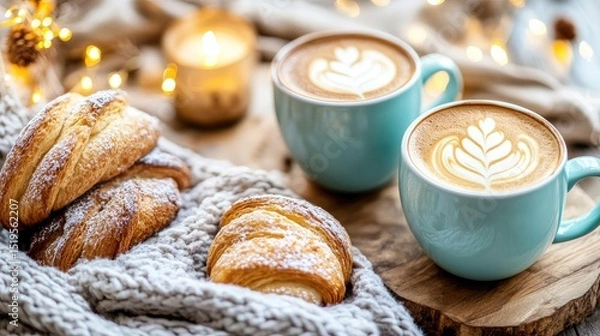 Fototapeta Cozy Morning Setting with Coffee and Pastries in Warm Atmosphere