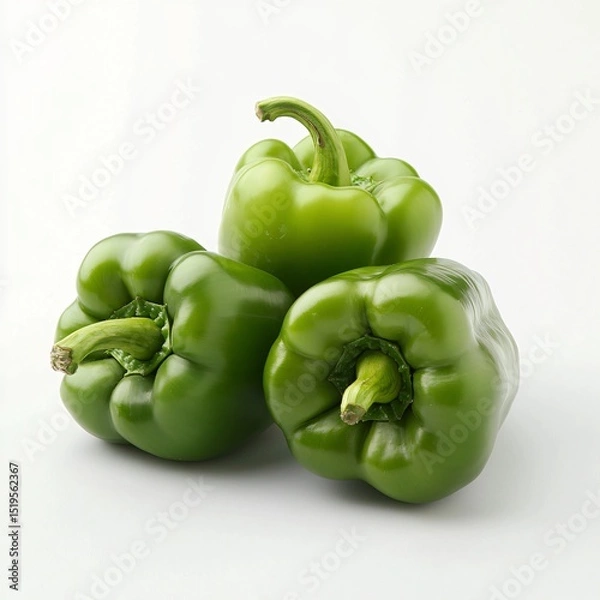 Fototapeta Fresh green bell peppers isolated on white background food photography culinary art minimalist style studio environment vibrant color concept