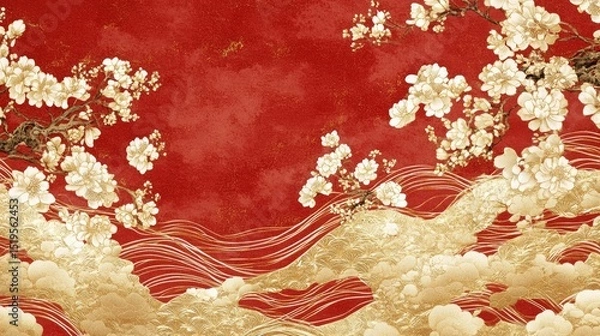 Fototapeta Elegant Floral Design with Red Background and Gold Accents