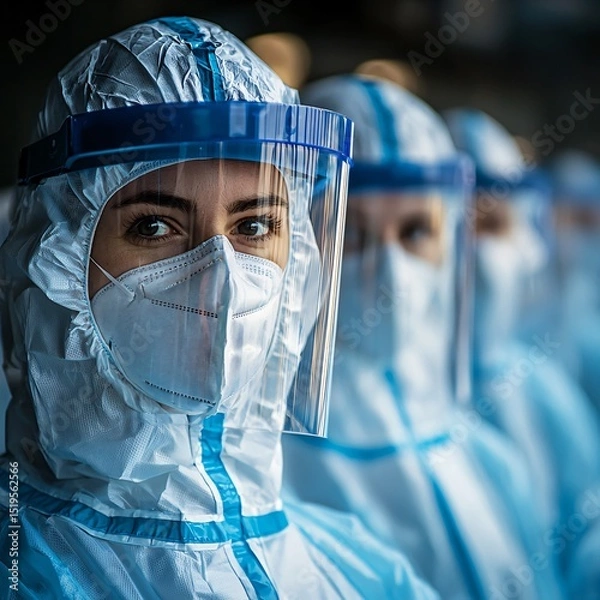 Fototapeta Healthcare workers in protective gear hospital setting photo collection covid-19 pandemic close-up unity in crisis