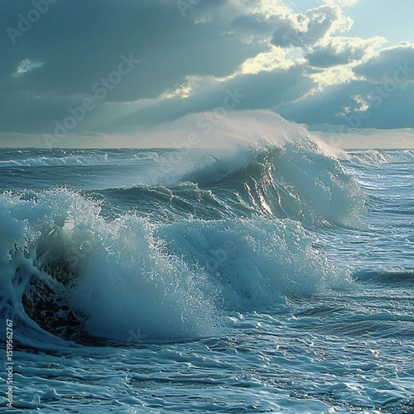 Fototapeta Dynamic ocean waves crash against rocky shoreline at sunset nature photography coastal environment dramatic viewpoint serenity concept