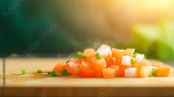 Fototapeta Freshly chopped salmon and onion on a wooden cutting board, ready for cooking.  Healthy food, cooking ingredients concept.