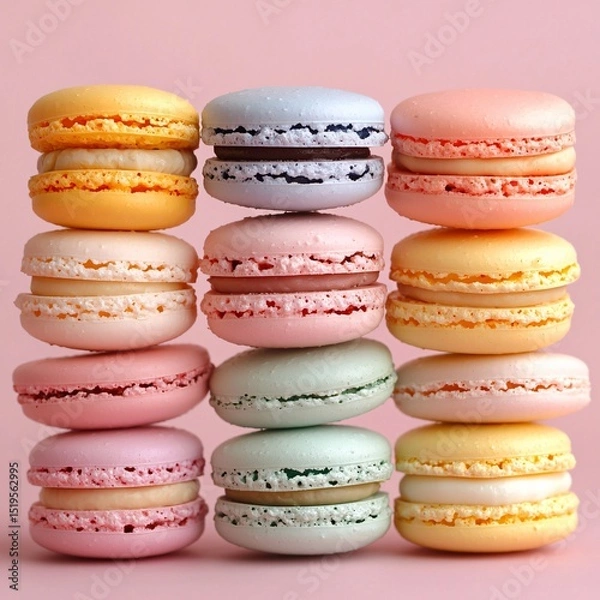 Fototapeta Delightful pastel macarons showcase bakery display food photography soft color palette close-up culinary art