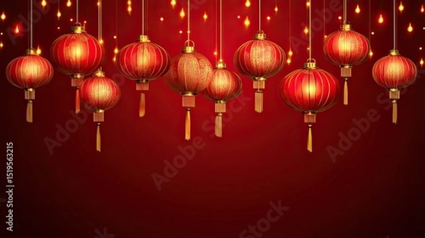 Fototapeta Festive Red Lanterns Hanging on Strings for Celebration Background