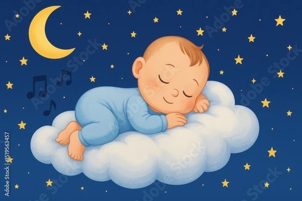 Obraz A cute baby is sleeping soundly on a fluffy cloud, surrounded by a night sky filled with stars and musical notes, creating a serene and magical atmosphere