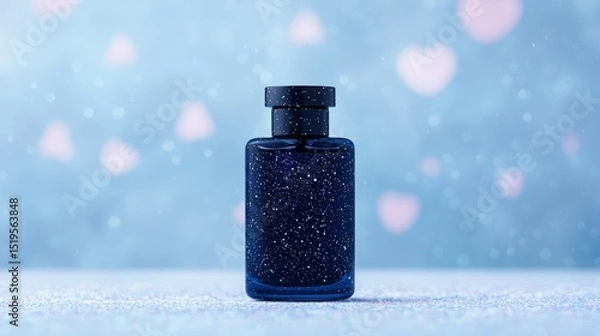 Fototapeta Elegant dark blue perfume bottle with glitter on a snowy, bokeh background with pink hearts.  Perfect for Valentine's Day, romantic, or winter fragrance advertising.