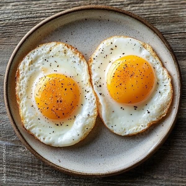 Fototapeta Delightful breakfast scene featuring two sunnyside up eggs on a rustic plate cozy kitchen setting culinary photography warm atmosphere