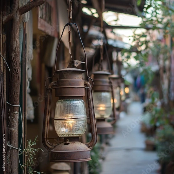 Fototapeta Vintage lanterns illuminating a quaint street traditional market photo collection warm atmosphere eye-level perspective timeless charm