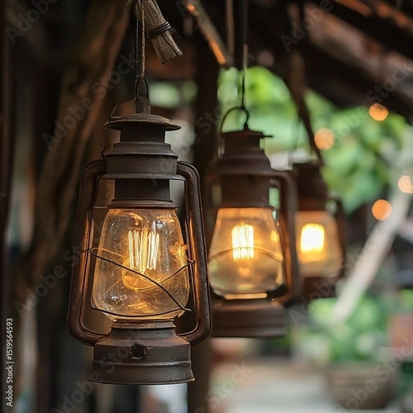 Fototapeta Vintage lanterns illuminating a charming alley nostalgic decor in a quaint village captured at dusk with warm tones