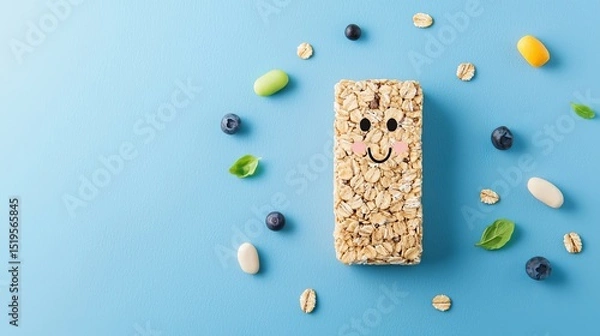 Fototapeta Top view of a granola bar decorated with a smiling face, surrounded by blueberries, oats, and candied fruits on a blue background.  Healthy snack, breakfast concept.