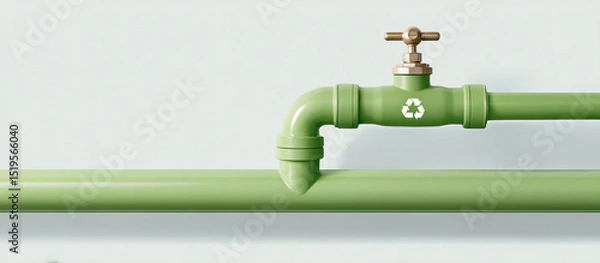 Fototapeta Green water pipe with valve and recycling symbol representing eco friendly sustainable energy concept