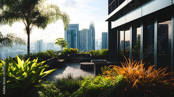 Fototapeta Urban Garden Rooftop Serenity Amidst City Skyline Lush Greenery and Modern Architecture with Comfortable Seating