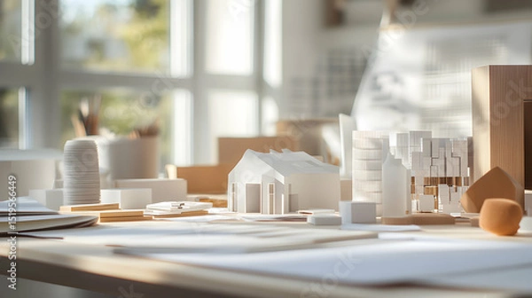 Fototapeta Architectural Model Realistic Design Project Concept on Desk in Bright Modern Workspace