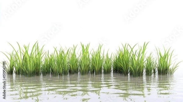 Obraz Vivid green grass tufts rise from serene, reflective water under bright, white light