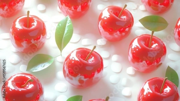 Obraz Glossy red apples with small leaves scattered among smooth white pebbles, lit softly