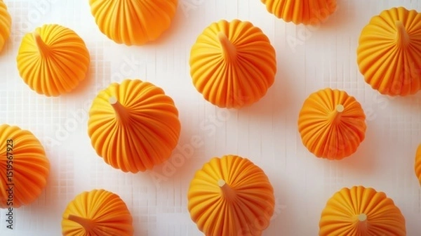 Obraz Many small orange pumpkins on light background, viewed from above