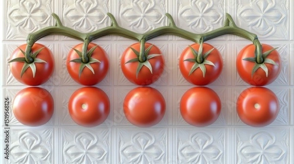 Fototapeta A row of five red tomatoes on a vine with five more under it, over tile design