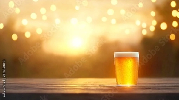 Fototapeta Refreshing glass of beer on wooden table at sunset.  Perfect for summer, relaxation, and brewery concepts.