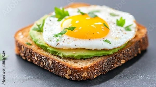 Fototapeta Delicious breakfast, Avocado toast topped with a fried egg and parsley. Healthy, nutritious, and visually appealing food photography.