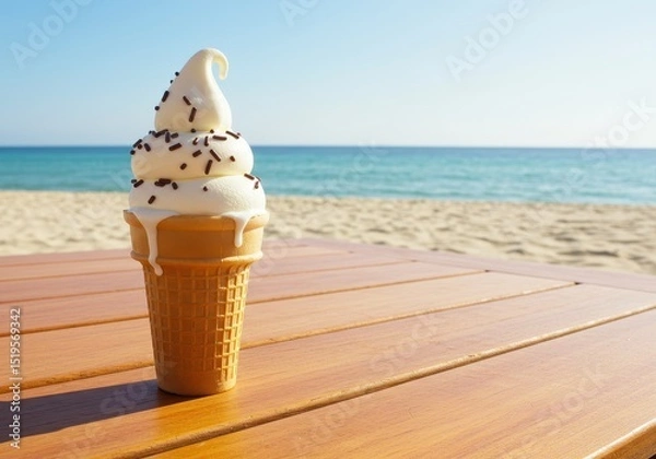 Fototapeta Delicious Soft Serve Ice Cream Cone with Chocolate Sprinkles on a Sunny Beach with Calm Waves and Clear Sky
