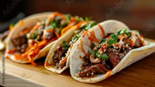 Fototapeta Three Asian fusion tacos with marinated beef, sesame seeds, cashews, and a spicy sauce.  Close up shot of flavorful food.