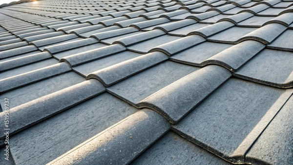 Fototapeta Modern metal roof with black ceramic-style tiles. Close-up of contemporary roofing system with wavy profile and sleek finish. For architecture, construction, and roofing industry visuals
