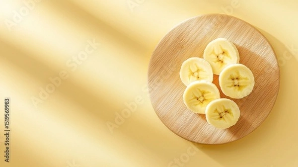 Fototapeta Top view of sliced bananas on a round wooden board, bathed in sunlight.  Healthy eating, breakfast, tropical fruit concept.