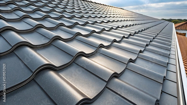 Fototapeta Modern metal roof with black ceramic-style tiles. Close-up of contemporary roofing system with wavy profile and sleek finish. For architecture, construction, and roofing industry visuals