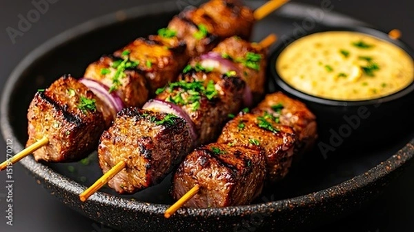 Fototapeta Delicious grilled beef skewers with dipping sauce