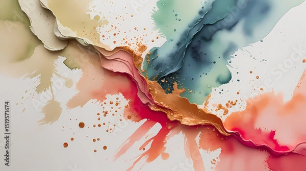 Fototapeta Watercolor stains with gold foil inserts. Abstract background with liquid paint spreads and metallic highlights, for branding, stationery, packaging, interior prints, web design, posters