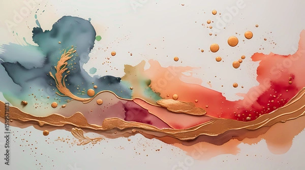 Fototapeta Watercolor stains with gold foil inserts. Abstract background with liquid paint spreads and metallic highlights, for branding, stationery, packaging, interior prints, web design, posters