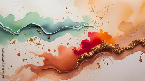 Fototapeta Watercolor stains with gold foil inserts. Abstract background with liquid paint spreads and metallic highlights, for branding, stationery, packaging, interior prints, web design, posters