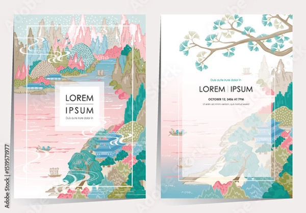 Obraz 산과 강이 있는 현대적인 한국 풍경 템플릿 벡터 일러스트레이션 세트				
