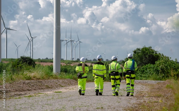 Fototapeta Maintenance engineer team standing at windmills at wind turbine farm. Group of people wear safety helmet and uniform working at alternative renewable energy wind station. Sustainable energy technology