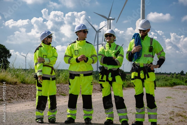 Fototapeta Maintenance engineer team standing at windmills at wind turbine farm. Group of people wear safety helmet and uniform working at alternative renewable energy wind station. Sustainable energy technology