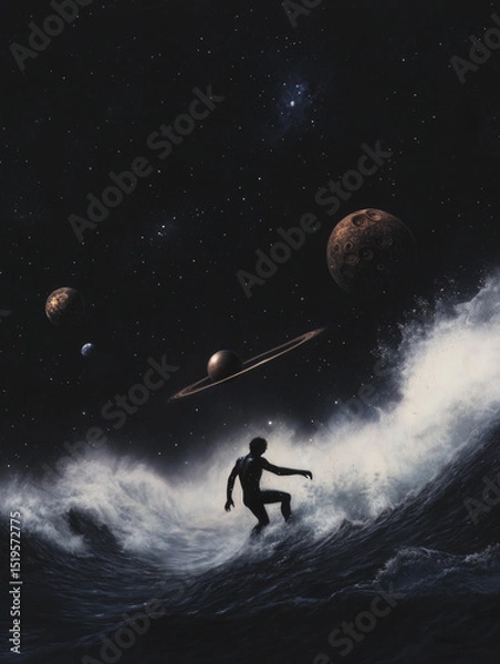 Obraz Surfer Riding Waves Beneath A Starry Sky With Planets And Moons