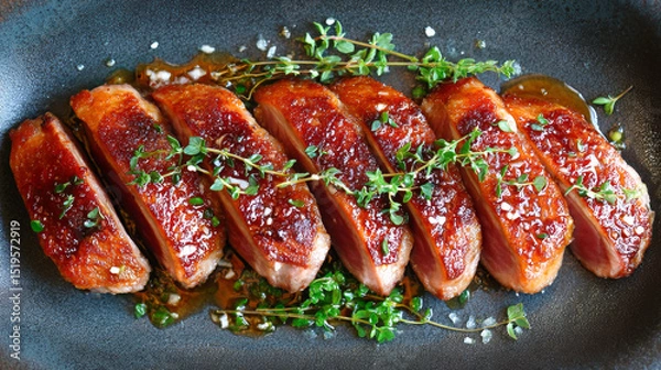 Fototapeta Sliced Glazed Duck Breast with Fresh Herbs